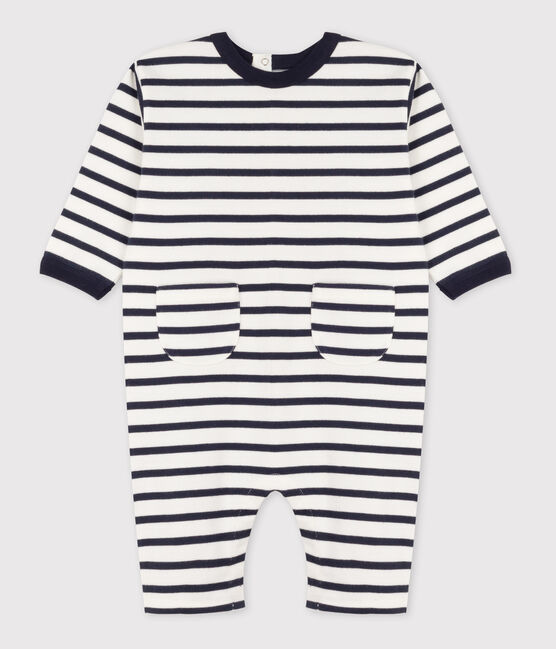 Babies' Thick Jersey Stripy Breton Jumpsuit MARSHMALLOW white/SMOKING blue