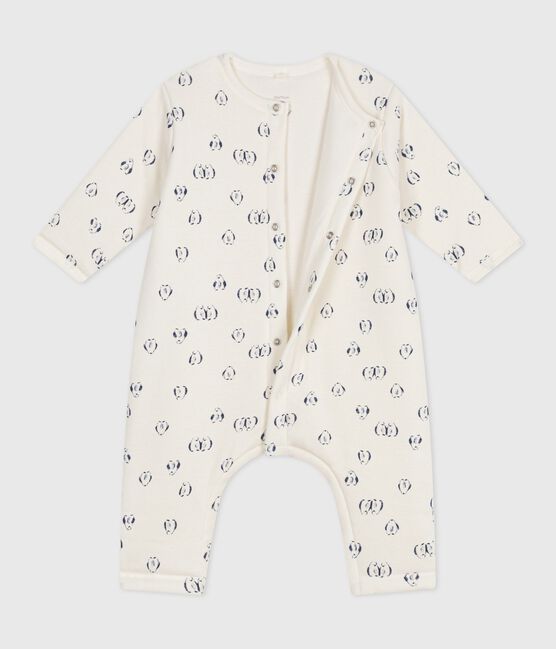 Babies' padded penguin-print cotton jumpsuit. MILK blue/SOIR