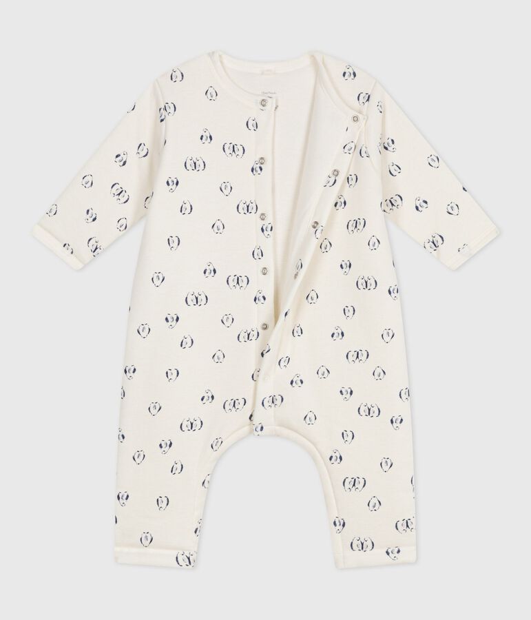 Babies' padded penguin-print cotton jumpsuit. Ecru/blue