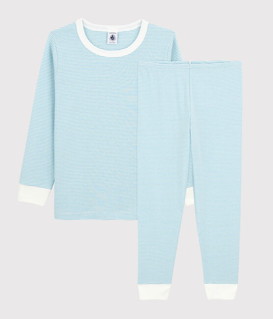 Boys' Stripy Cotton Pyjamas TIKI blue/MARSHMALLOW white