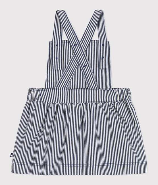 Babies' stripy cotton pinafore dress MEDIEVAL blue/MARSHMALLOW white