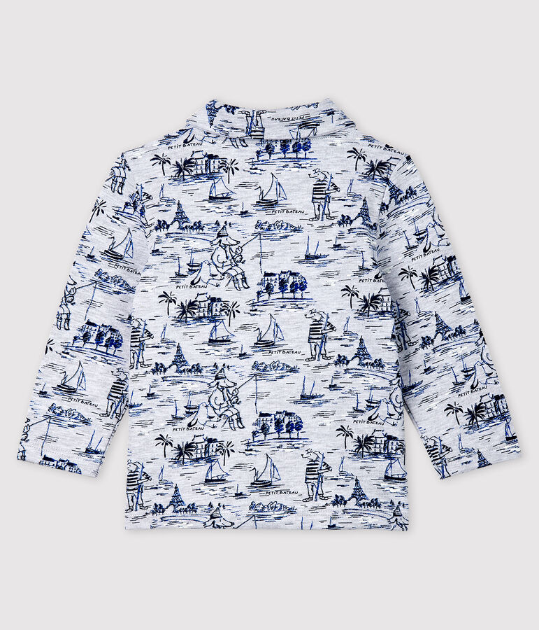 Baby boys' printed fleece sweatshirt POUSSIERE grey/SMOKING blue
