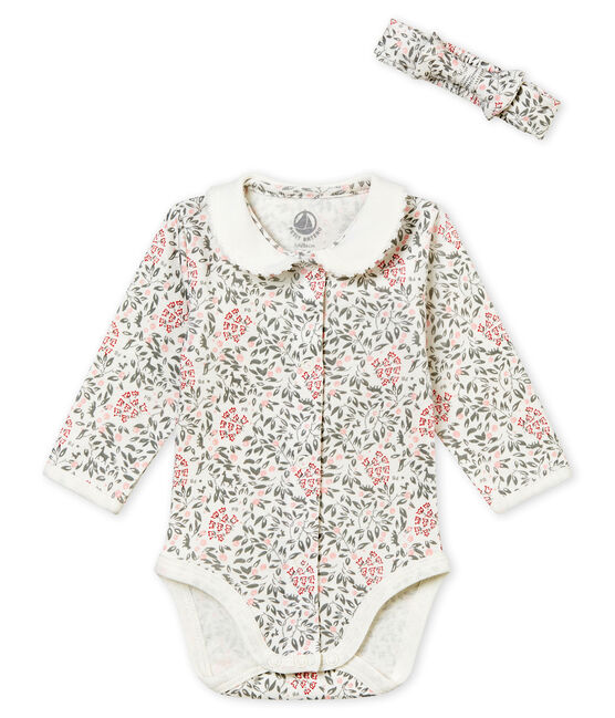 Baby girl's long sleeved print bodysuit and headband MARSHMALLOW white/MULTICO white