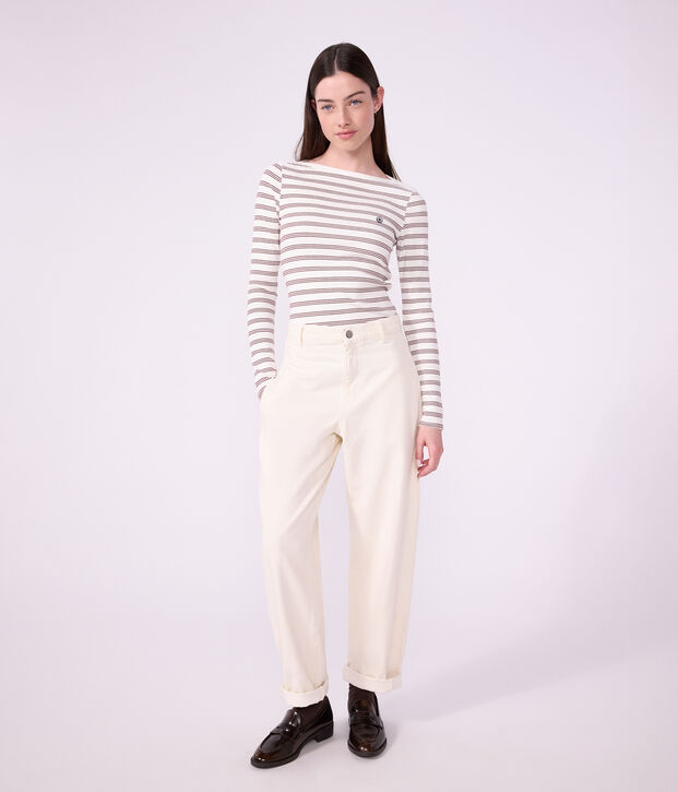 Women's admiral collar stripy cotton T-shirt with long sleeves white/red