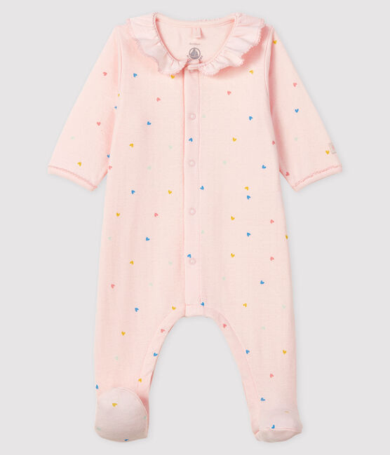 Baby Girls' Tube Knit Pink Sleepsuit with Hearts FLEUR pink/MULTICO white