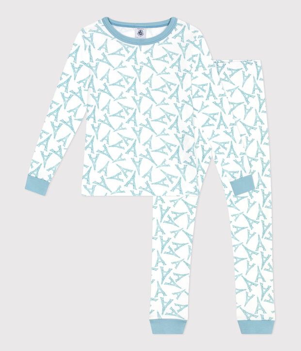 Children's very snug fitting Eiffel Tower print cotton pyjamas white/green/multicolor