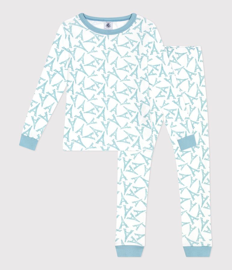 Children's very snug fitting Eiffel Tower print cotton pyjamas white/green/multicolor