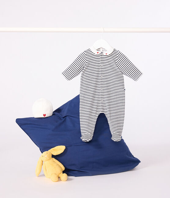Babies' printed velour pyjama suit with a collar MARSHMALLOW white/SMOKING blue