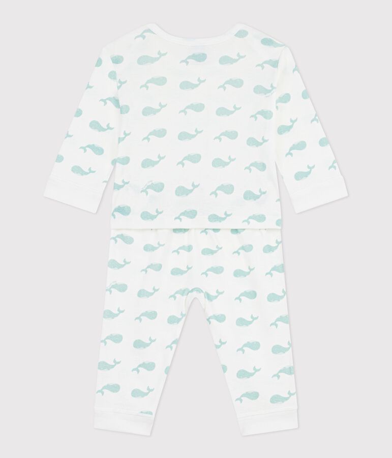 Babies' footless whale print cotton pyjamas MARSHMALLOW /SPRAY