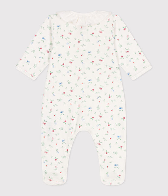 Babies' floral cotton pyjamas with a collar MARSHMALLOW white/MULTICO white