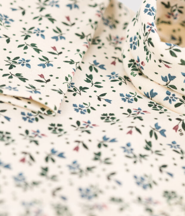 Girls' Floral Print Cotton Polo Neck Ecru/green/multicolor