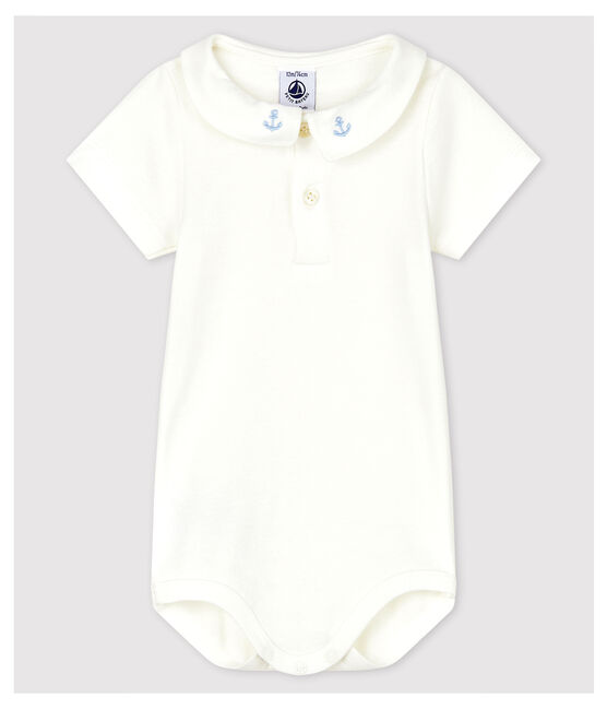 Baby Boys' Cotton Bodysuit with Embroidered Collar MARSHMALLOW white