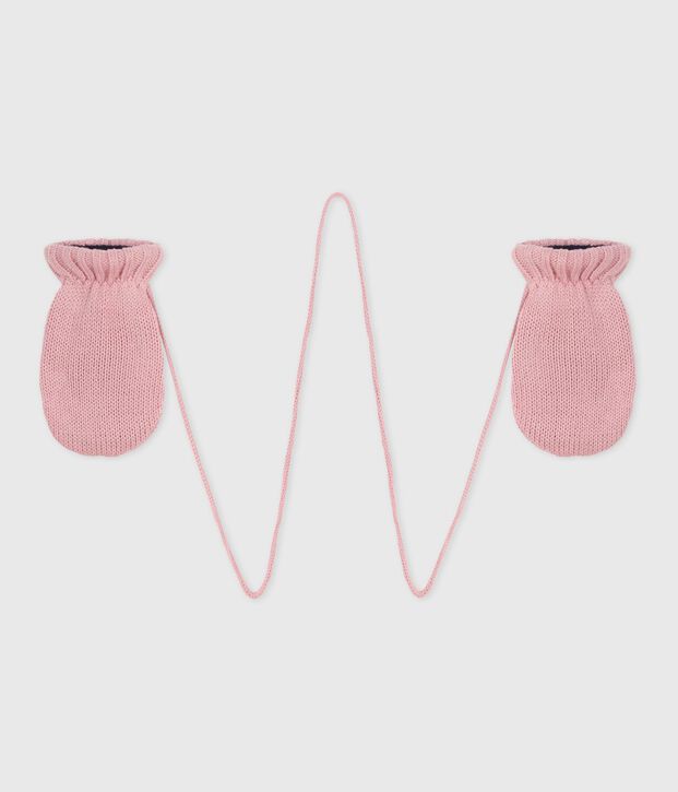 Babies' knitted mittens lined in polar fleece pink