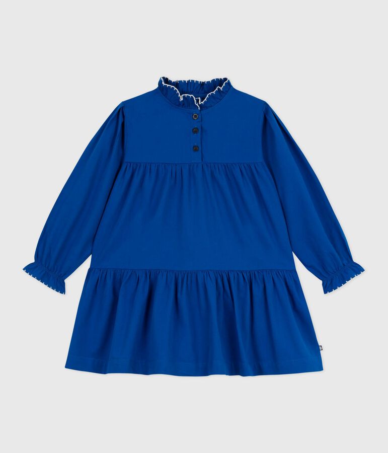 Children's long-sleeved plain cotton dress blue