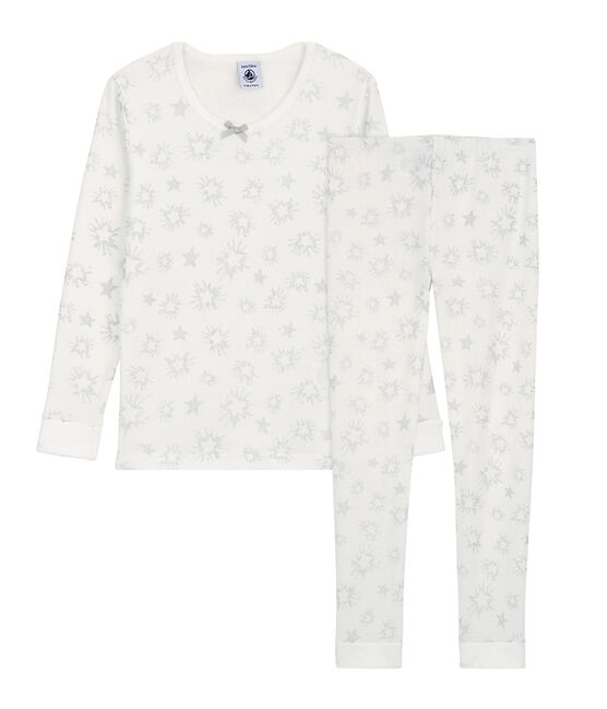 Girls' Snugfit Sparkly Star Cotton Pyjamas MARSHMALLOW white/MULTICO white