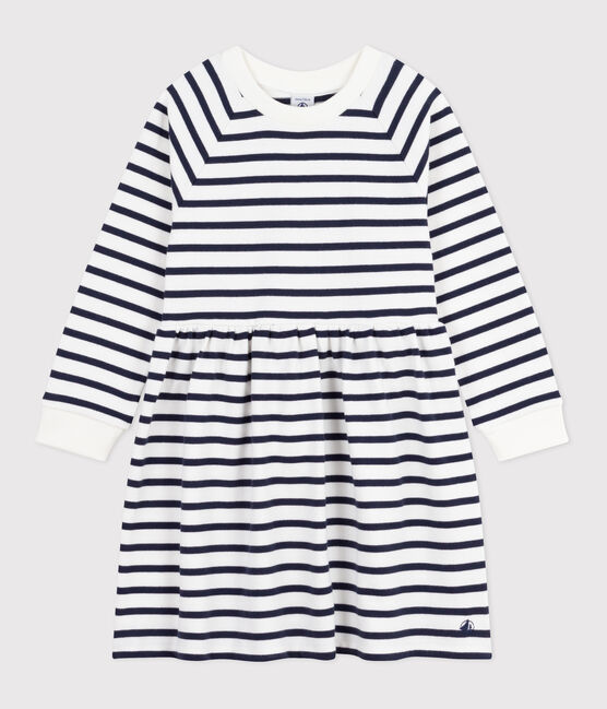 Children's long-sleeved stripy cotton dress MARSHMALLOW white/SMOKING blue