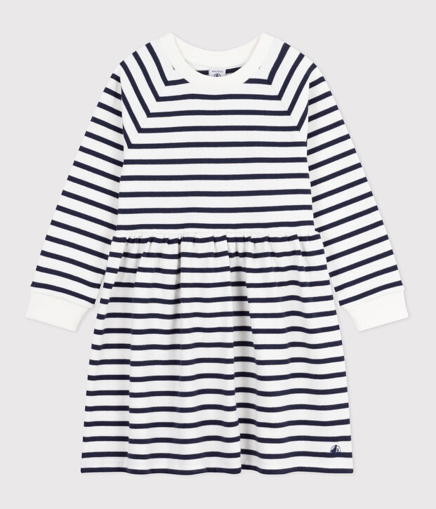 Children's long-sleeved stripy cotton dress white/blue