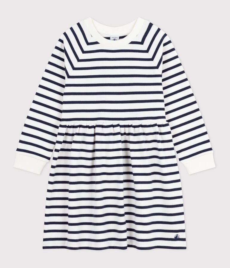 Children's long-sleeved stripy cotton dress white/blue