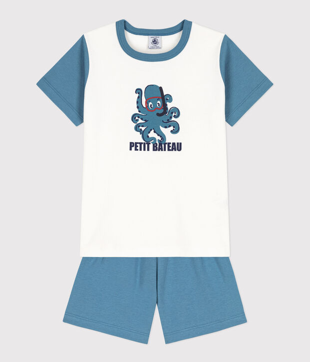 Children's unisex octopus print cropped cotton pyjamas blue/white