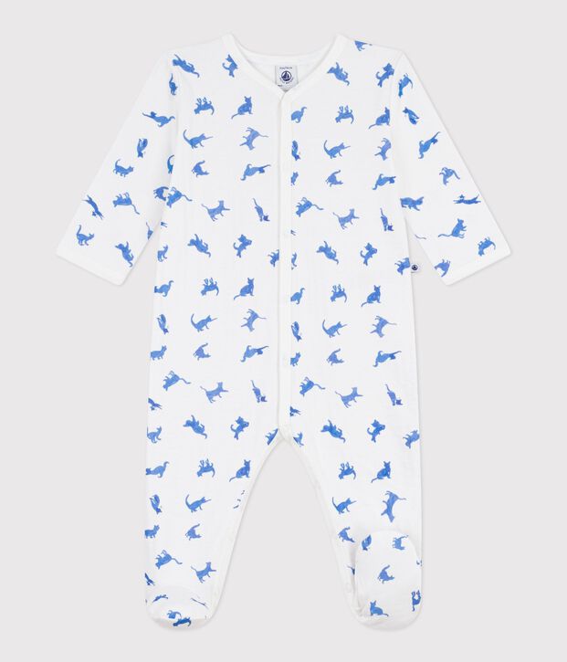 Babies' cat print tube knit pyjama suit white/blue