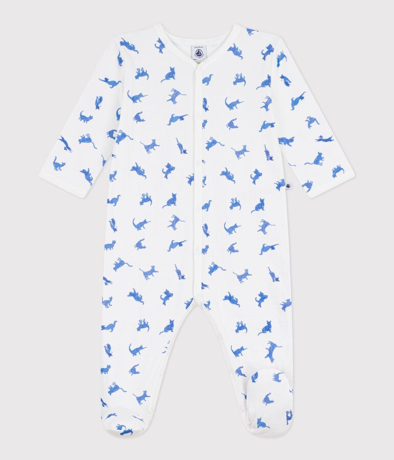 Babies' cat print tube knit pyjama suit white/blue