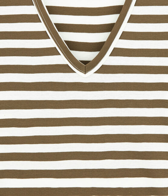 Women's striped original rib V-neck T-shirt SHITAKE brown/MARSHMALLOW white
