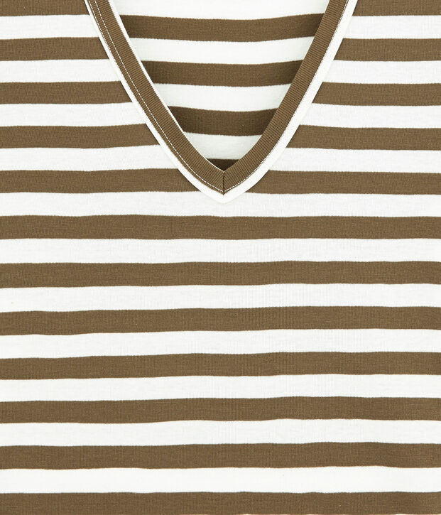 Women's striped original rib V-neck T-shirt brown/white