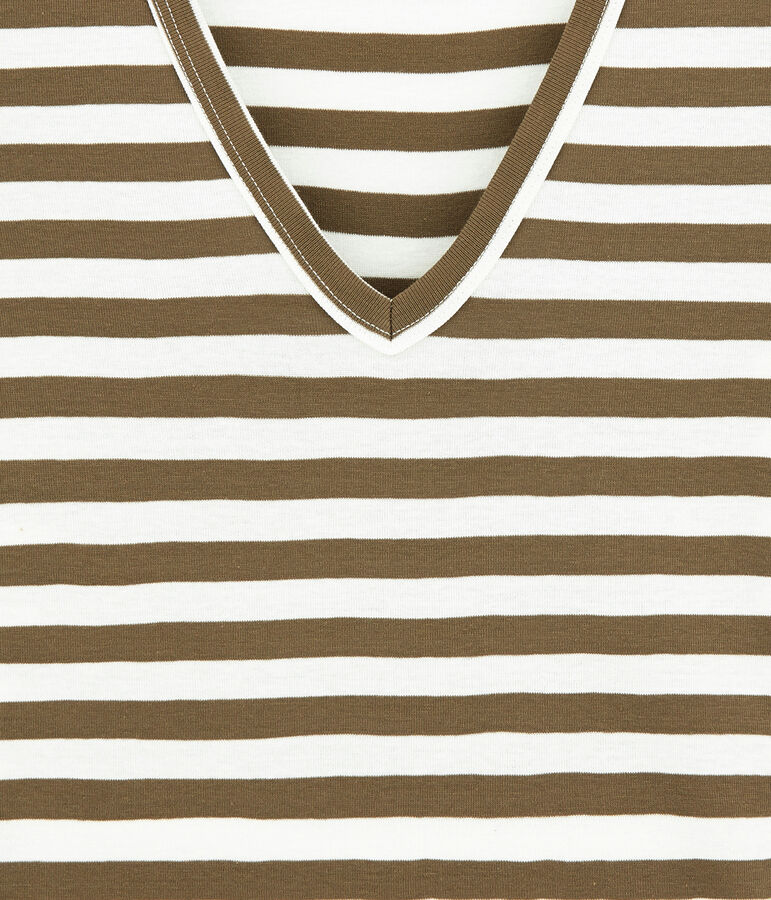 Women's striped original rib V-neck T-shirt brown/white