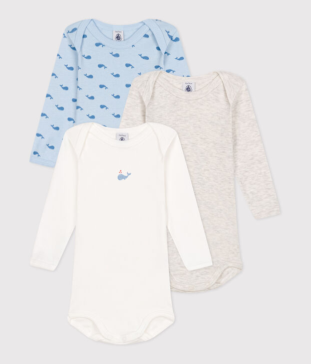 Babies' long-sleeved whale-themed cotton bodysuits - 3-Pack multicolor