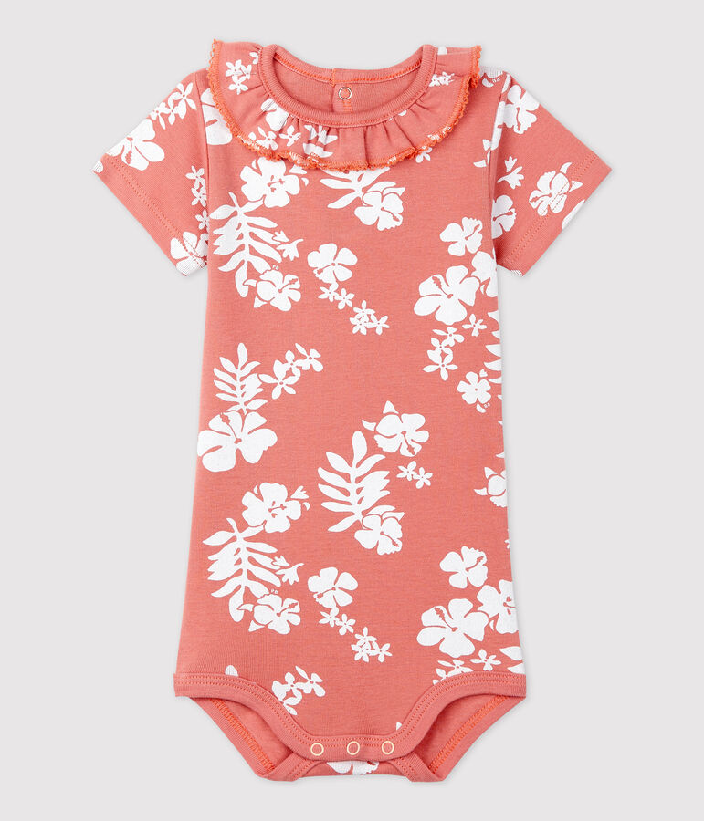 Babies' Cotton Hawaii Print Bodysuit With Ruffle Collar pink/white
