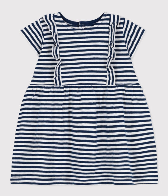 Babies' Striped Short-Sleeved Slub Jersey Dress MEDIEVAL blue/MARSHMALLOW white