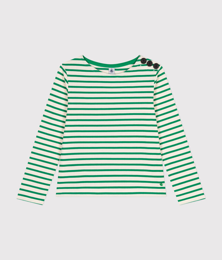Women's Buttoned Cotton Breton Top Ecru/green