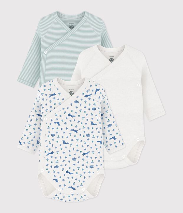 Pack of babies' long-sleeved printed cotton wrapover bodies multicolor
