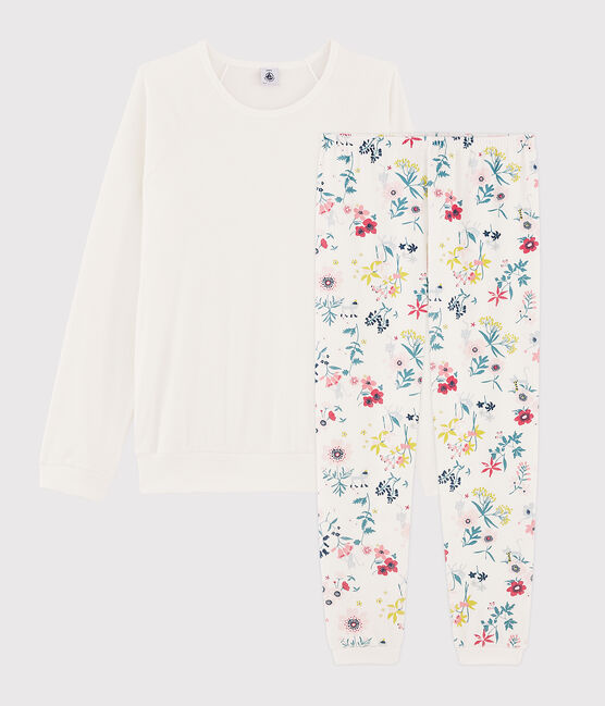 Girls' or Women's Floral Dual-Material Pyjamas MARSHMALLOW white/MULTICO white