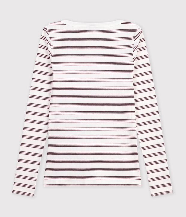 Women's admiral collar stripy cotton T-shirt with long sleeves white/red