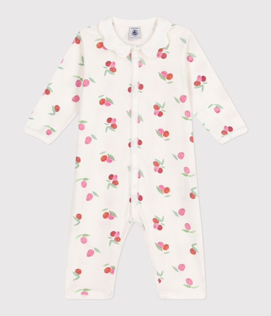 Babies' footless fruit patterned cotton pyjamas with a petal collar MARSHMALLOW white/MULTICO white