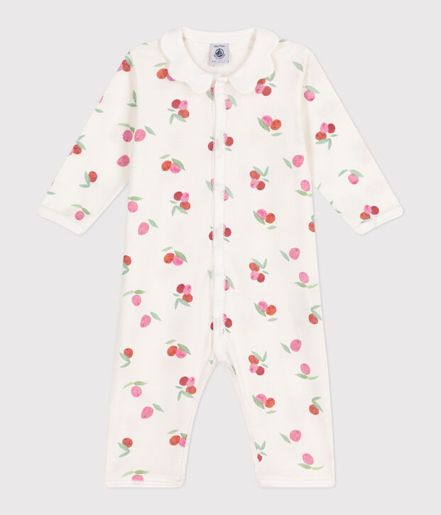 Babies' footless fruit patterned cotton pyjamas with a petal collar white/multicolor