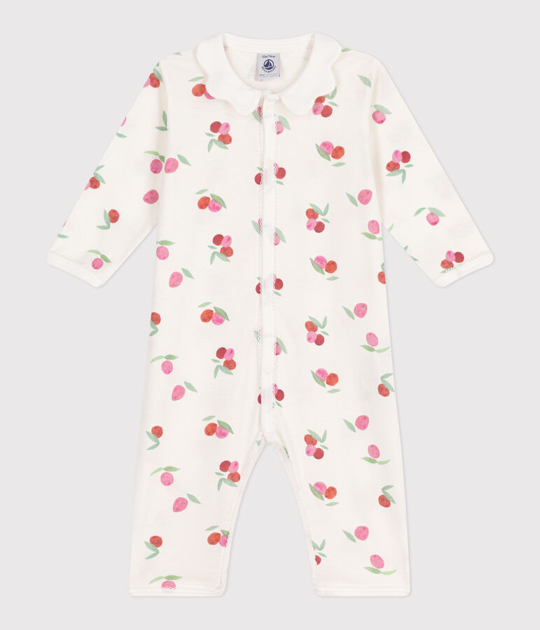 Babies' footless fruit patterned cotton pyjamas with a petal collar white/multicolor