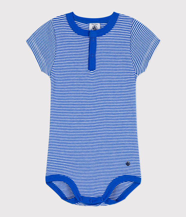 Babies' Short-Sleeved Pinstriped Cotton Bodysuit blue/white