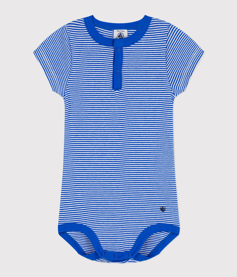 Babies' Short-Sleeved Pinstriped Cotton Bodysuit blue/white