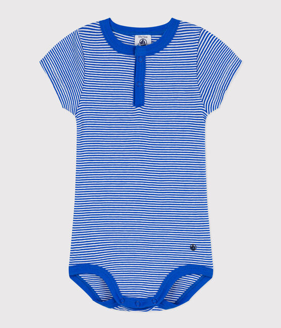 Babies' Short-Sleeved Pinstriped Cotton Bodysuit PERSE blue/MARSHMALLOW white
