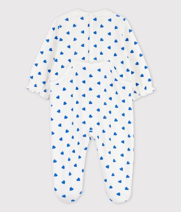 Babies' Small Blue Heart Patterned Velour Sleepsuit white/blue