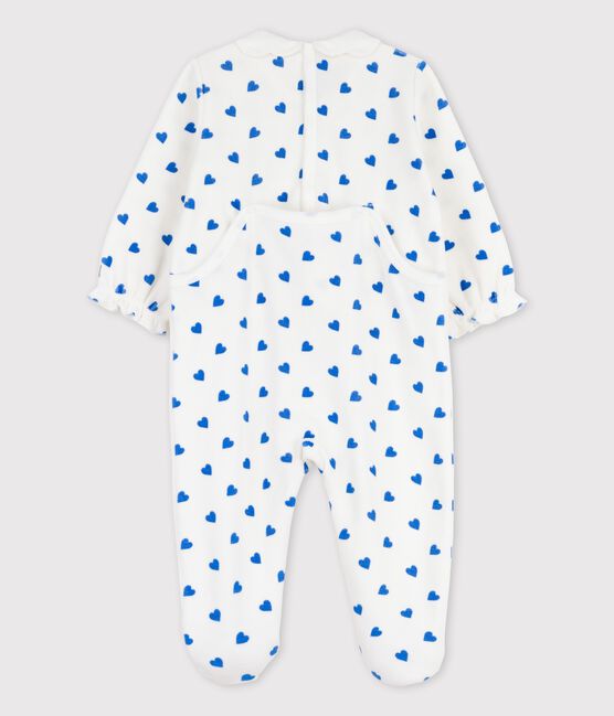 Babies' Small Blue Heart Patterned Velour Sleepsuit MARSHMALLOW white/BRASIER blue