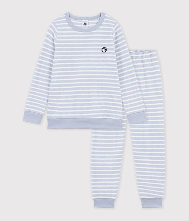 Children's stripy cotton terry pyjamas blue/ecru