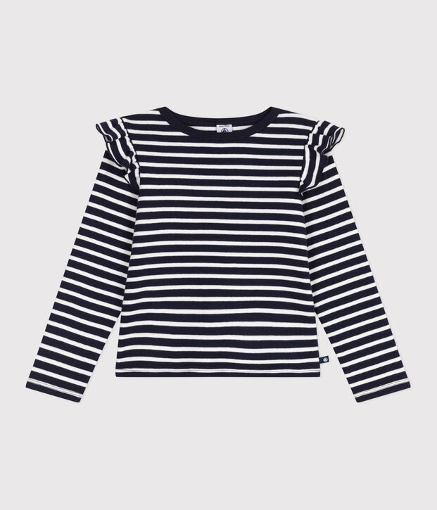 Children's long-sleeved stripy cotton T-shirt blue/white