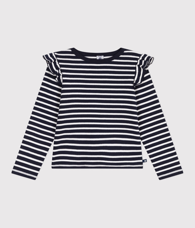 Children's long-sleeved stripy cotton T-shirt blue/white
