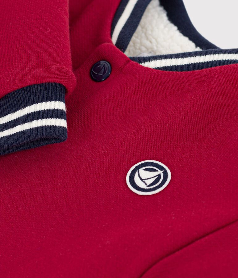 Babies' varsity-style jacket in plain cotton and sherpa red