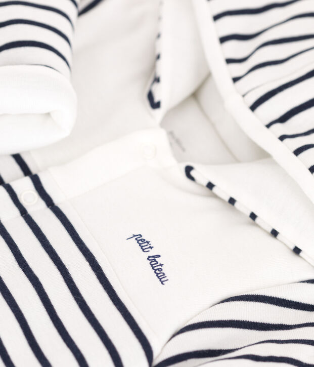Babies' Breton-stripe padded playsuit with a hood and feet white/blue