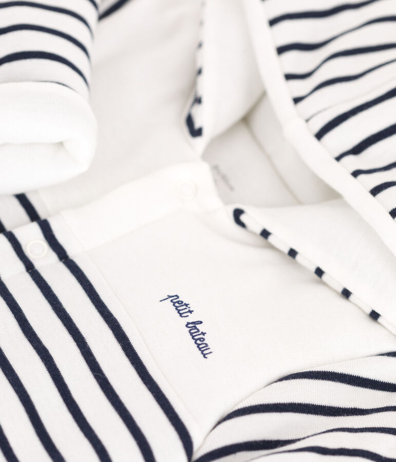 Babies' Breton-stripe padded playsuit with a hood and feet white/blue
