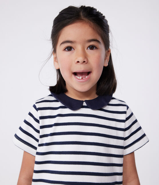 Children's short-sleeved cotton dress MARSHMALLOW white/SMOKING blue